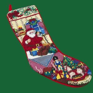 Vtg Wool Needlepoint Santa Presents Horse Christmas Tree Stocking Marked Julia